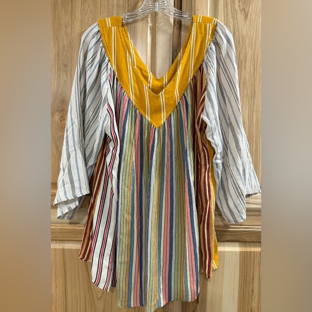 Sacred Threads Striped Multicolor V-Neck Flowy Boho Cottagecore Deep V-Neck Top